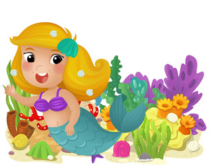 cartoon scene with coral reef with swimming mermaid girl princess isolated element illustration for kids