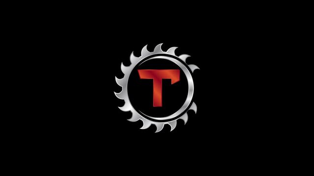 Creative metallic saw blade logo animation reveals letter T on dark background 4K stock footage