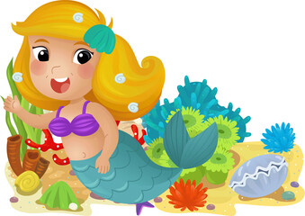 Obraz na płótnie Canvas cartoon scene with coral reef with swimming mermaid girl princess isolated element illustration for kids