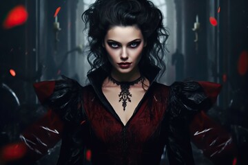 Fashion portrait of gothic vampire queen with beautiful dark makeup. Generative AI - obrazy, fototapety, plakaty