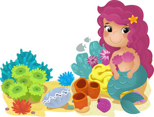 cartoon scene with coral reef with swimming mermaid girl princess isolated element illustration for kids