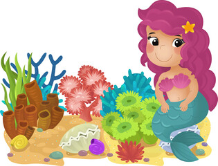 Fototapeta premium cartoon scene with coral reef with swimming mermaid girl princess isolated element illustration for kids