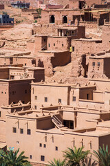 Old clay houses in the moroccan city. Authentic view to the old time