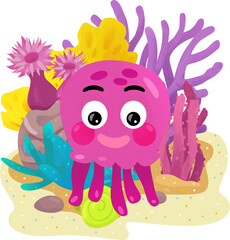 cartoon scene with coral reef with swimming octopus or gelly fish isolated element illustration for...