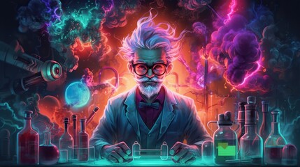 Mad scientist or crazy professor cartoon character in science lab. Generative AI - obrazy, fototapety, plakaty