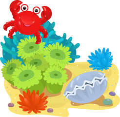 cartoon scene with coral reef with swimming crab fish isolated element illustration for kids