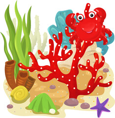 cartoon scene with coral reef with swimming crab fish isolated element illustration for kids