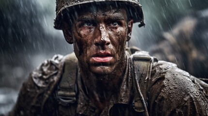 Portrait of ww2 soldier under the rain. World War II. Generative AI