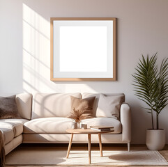Mockup cuadro. Dise&ntilde;o de interiores. Interior moderno. Cuadro. Mockup. Madera. Minimal. C&aacute;lido. Fondo transparente. Archivo png. Generado con IA. 