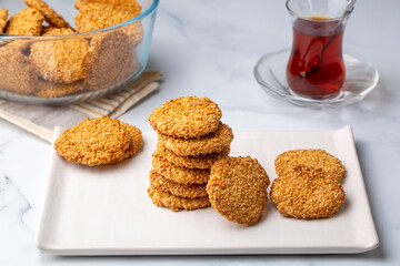 Ramadan sweets background. Cookies of El Fitr Islamic Feast. Egyptian cookies "Kahk El Eid" Turkish name; Kahke or Kandil simidi