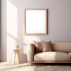 Mockup cuadro. Diseño de interiores. Interior moderno. Cuadro. Mockup. Madera. Minimal. Cálido. Fondo transparente. Archivo png. Generado con IA. 