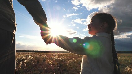 child mother father hand sunset sky, hand mom dad kid girl, happy family childhood dream, happy...