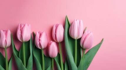 pink tulip with green leaf. Generative AI