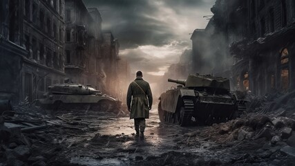 Epic back view of WW2 soldier on battlefield in destroyed eurpoean town. World War II. Generative AI