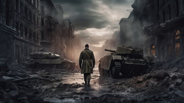 Epic back view of WW2 soldier on battlefield in destroyed eurpoean town. World War II. Generative AI
