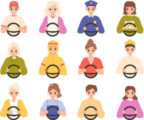 Young driver characters. Various people drive car, taxi and police. Drivers avatars, cartoon woman man ride auto. Isolated snugly vector transport set