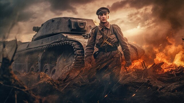 Portrait of ww2 soldier running on battlefield with explosions and fire. World War II. Generative AI