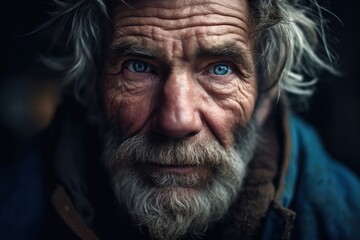 Fototapeta premium Close-up portrait of old homeless man with blue eyes. Generative AI