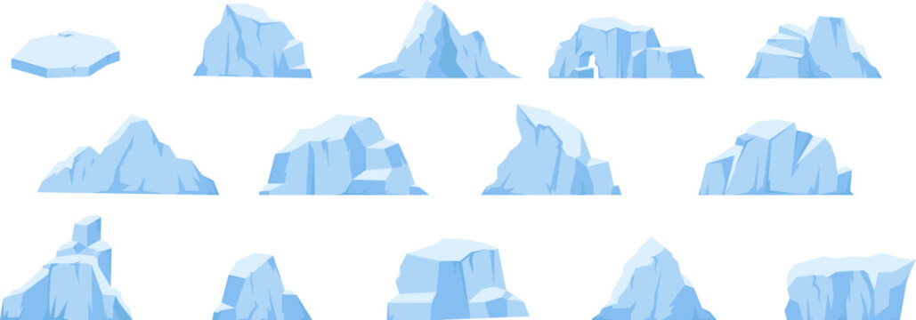 Cartoon icebergs, melting glacier and antarctic iceberg in ocean. Arctic snow mountains, ice polar rocks. Snugly north pole vector elements