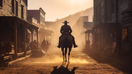 Back view of cowboy riding on a horse, western movie scene in wild west town. Generative AI - obrazy, fototapety, plakaty