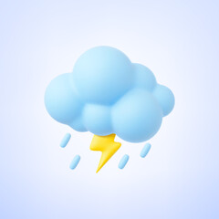 Cloud 3d with raindrops and lightning. Weather, autumn rainy day element. Thunder light, render vector graphic element