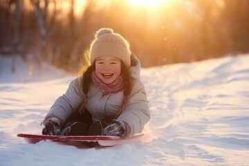 Happy girl sledding outdoors on clear winter day. Generative AI