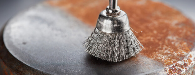 steel brush for drill clean off old metal sheet with rust