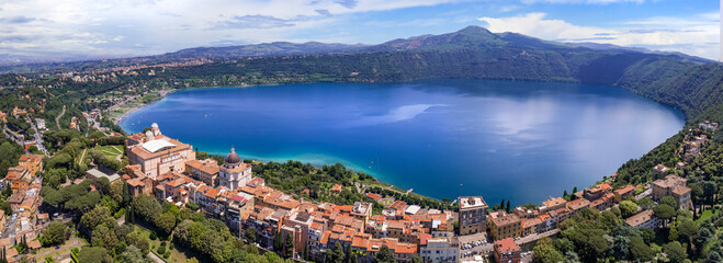 Most scenic lakes of Italy - volcanic Albano lake , aerial drone view of Castel Gandolfo village and crater of volcno. popular touristic site near Romem, famous as Pope residense - obrazy, fototapety, plakaty