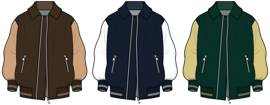 Flight Jacket, Varsity Jacket, Bomber Jacket Front and Back View. Men's, women, Unisex Fashion Illustration, Vector, CAD, Technical Drawing, Flat Drawing, Template, Mockup.