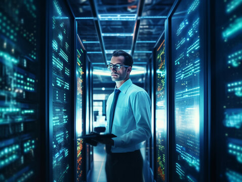 IT Specialist in Data Center. Big Server Farm Cloud Computing Facility with Male Maintenance Administrator Working. Cyber Security, e-Business. AI generative