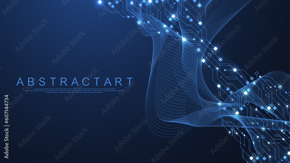 Poster Quantum computer technologies concept. Futuristic blue circuit board background vector. Modern technology circuit board texture background design. Waves flow. Quantum explosion technology.