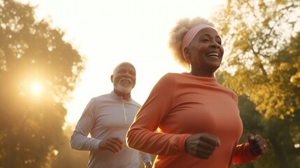 Old black couple morning jogging in park sunlight, smiling man and woman runs early morning on park walkway, healthy lifestyle concept, advanced age black couple active in sports, generative AI