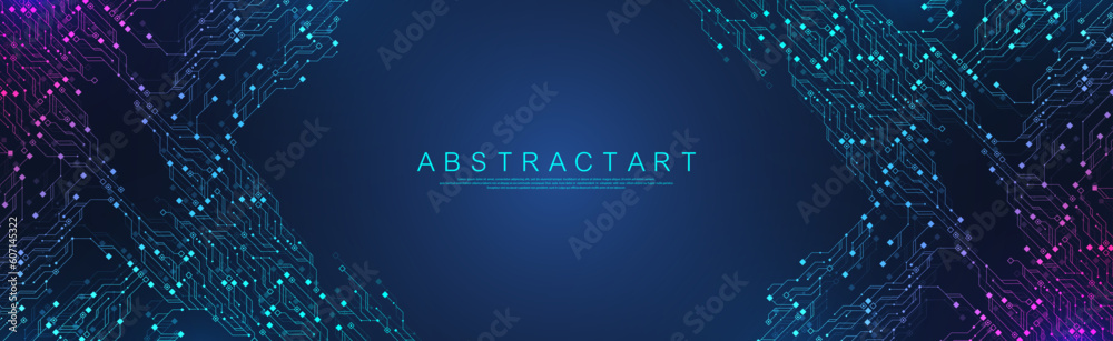 Poster Quantum computer technologies concept. Futuristic blue circuit board background vector. Modern technology circuit board texture background design. Waves flow. Quantum explosion technology.