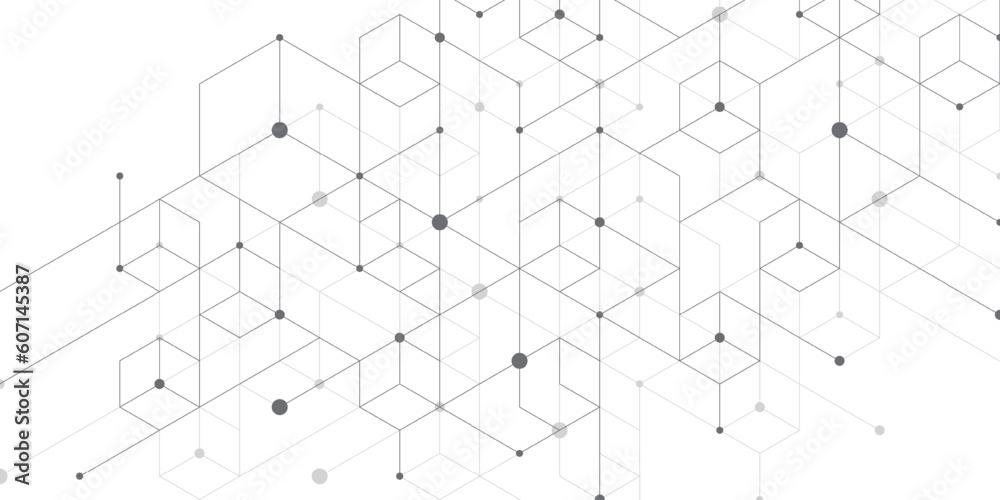 Poster Modern technology vector illustration with square grid. Technology banner template cubes texture. Digital geometric abstraction with lines and dots