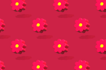 Fototapeta na wymiar Pink or magenta flowers repeat pattern. Concept summer background. Viva Magenta color of the year 2023. 3d rendering
