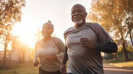 Old black couple morning jogging in park sunlight, smiling man and woman runs early morning on park walkway, healthy lifestyle concept, advanced age black couple active in sports, generative AI