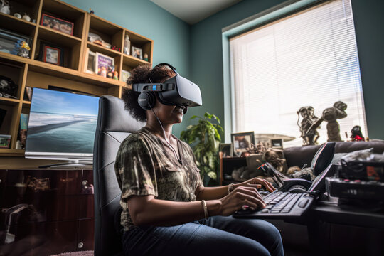 teenager in his bedroom playing videos games in the metaverse with a virtual reality mask