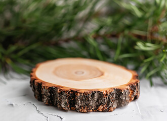 Podium on wooden table on dark brown background with branch shadow on the wall. Generative AI