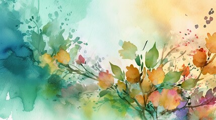 Obraz na płótnie Canvas Abstract Spring Art: Nature-Inspired Watercolor Background with Brushes, Flowers and Leaves, Generative AI