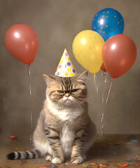 Grumpy Tabby Cat, birthday party with balloons and hat. Generative AI