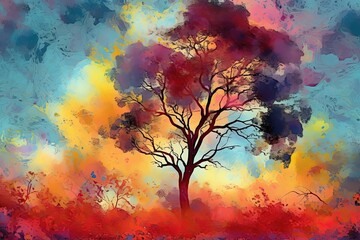 Plakat Atmospheric Dreamscape of Vibrant Trees and Tranquil Colours in an Abstract Landscape: Generative AI