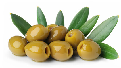 Green olives with leaves isolated on white background