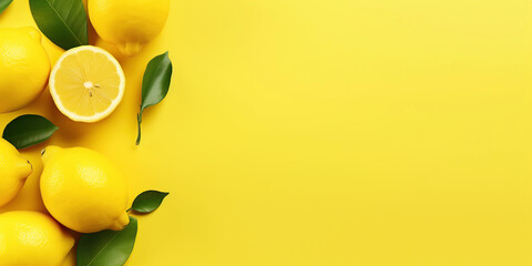 Ripe lemons on on yellow. background, copy space. Generative AI