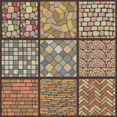 Paving textures. Seamless pattern of pavement stones recent vector wall surfaces
