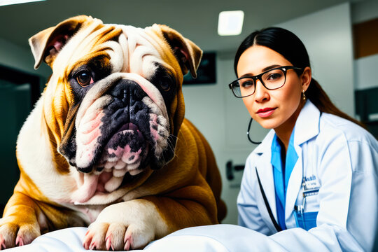 Digital photo of a cute English bulldog. Wildlife imagery in the Modern Operating room in the veterinary clinic. Generative AI