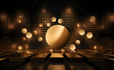 Cubo-Futuristic Circles: Golden circular forms with bubbles on a black background. Embrace the mesmerizing fusion of cubo-futurism, evoking a captivating visual symphony. 