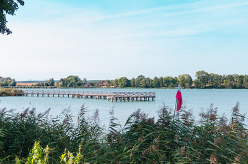 Sunny Day by the Lake or River: Landscape with Ducks Swimming, Boat Dock, and a Leisure Pier