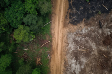 Obraz premium Deforestation concept, aerial drone view of damaged forest. Generative AI