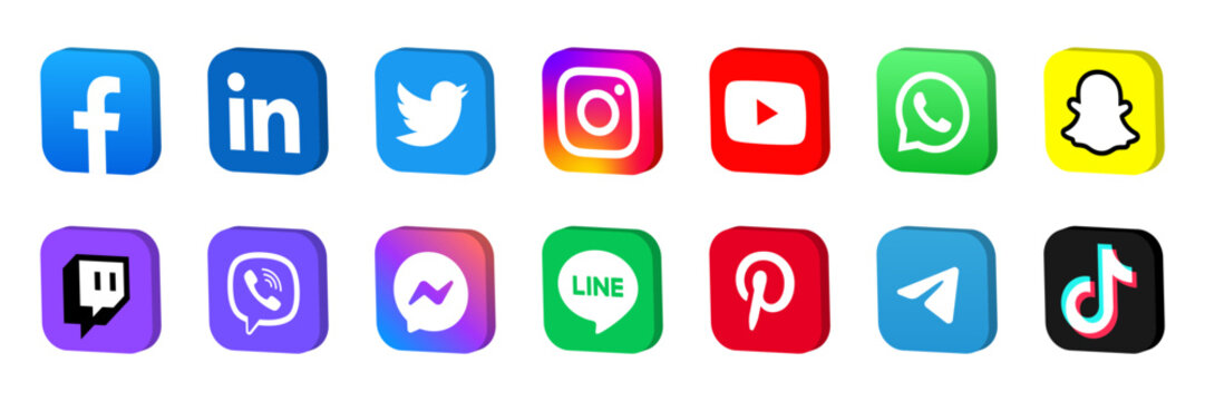 social media icons. social media logo , facebook, instagram, youtube, whatsapp, twitter, pinterest, linkedin, icon - social network logos collection set. realistic 3D icon set. vector editorial