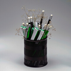 Office Essentials: Stylish Pen and Pencil Holder on Gray Background